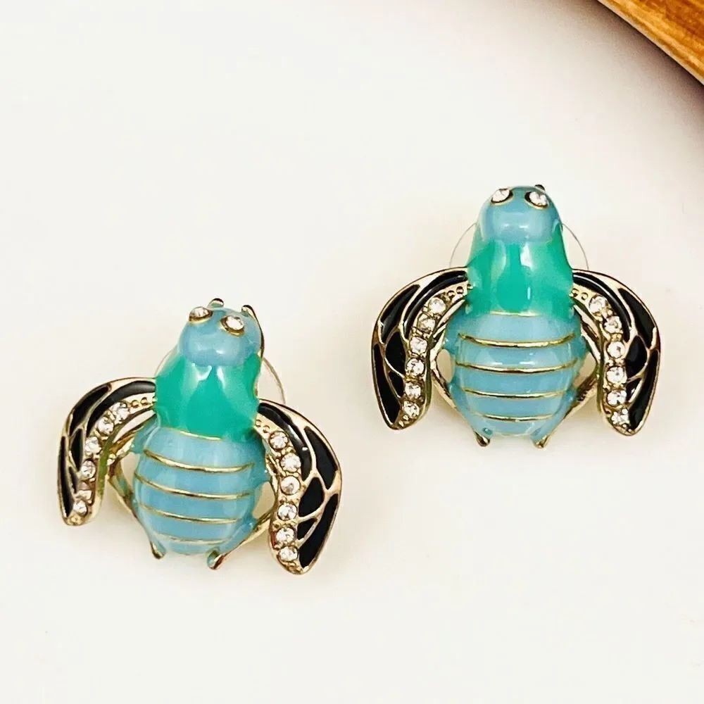 Vintage Whimsical BUMBLE BEE Earrings Rhinestone Gold Black Blue Enamel 1410